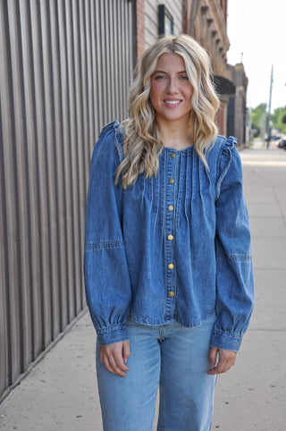 Pleated Ruffle Shoulder Denim Blouse