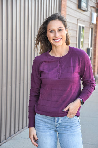 Plum Texture Stripe Half-Button Sweater