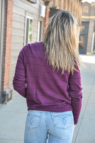 Plum Texture Stripe Half-Button Sweater