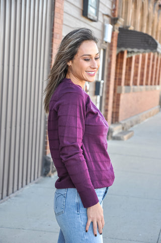 Plum Texture Stripe Half-Button Sweater