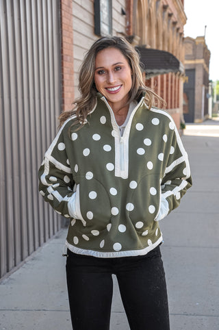 Polka Dot Contrast Half-Zip Pullover w/Pockets