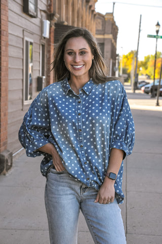 Polka Dot Denim Button-Up