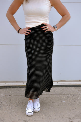 Polka Dot Mesh Pencil Midi Skirt