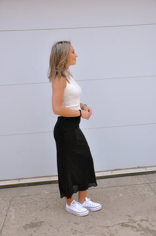 Polka Dot Mesh Pencil Midi Skirt