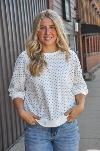 Polka Dot Puff Sleeve Sweatshirt in Cream
