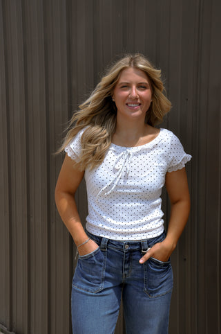 Polka Dot SS Top with Lace Trim