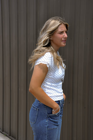 Polka Dot SS Top with Lace Trim