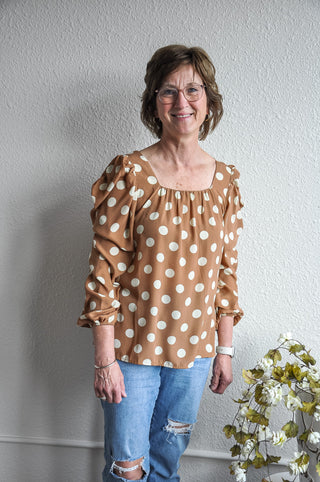 Polka Dot Square Neck Balloon Sleeve Blouse