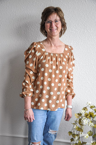 Polka Dot Square Neck Balloon Sleeve Blouse