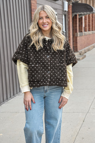 Polka Dot Faux Sherpa Cape in Brown with Cream Hearts