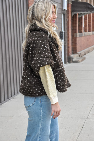 Polka Dot Faux Sherpa Cape in Brown with Cream Hearts