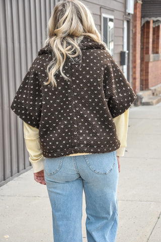 Polka Dot Faux Sherpa Cape in Brown with Cream Hearts