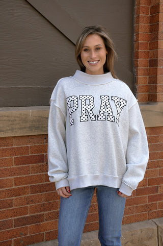 Polka-dot Embr "Pray" Mock Neck Sweatshirt