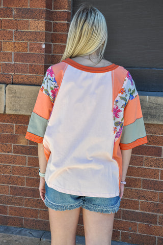 Print Mix Color Block Knit Top