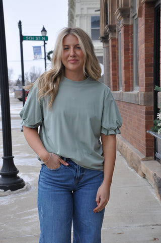 Sage Short Sleeve with Puff Sleeve Detail Top