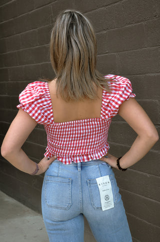 Puff Sleeve Gingham Top W/Tie Front