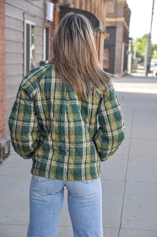 Quilted Plaid Raglan Sleeve Button-Front Jacket