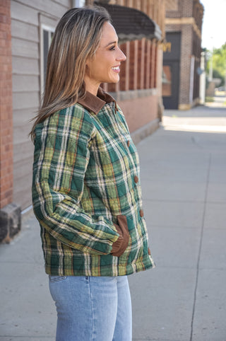 Quilted Plaid Raglan Sleeve Button-Front Jacket