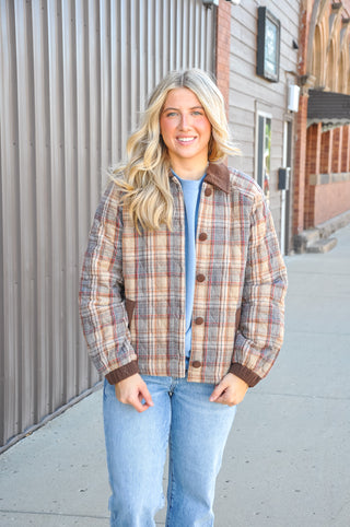 Quilted Plaid Raglan Sleeve Button-Front Jacket