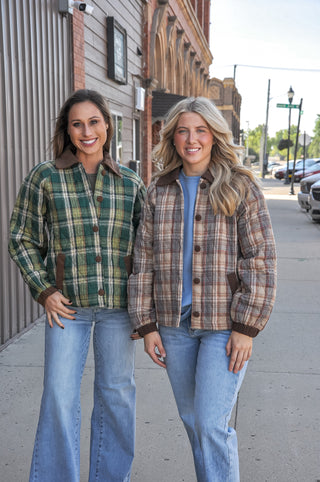 Quilted Plaid Raglan Sleeve Button-Front Jacket