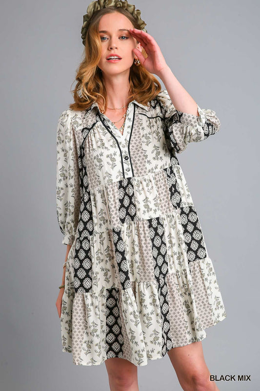 Mixed Print Puff Sleeve Tiered Dress | JQ Clothing Co.