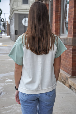 Raglan SS Button Up Color Block Top