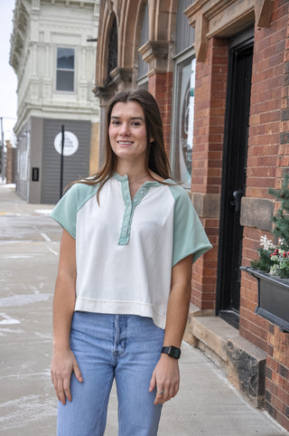 Raglan SS Button Up Color Block Top