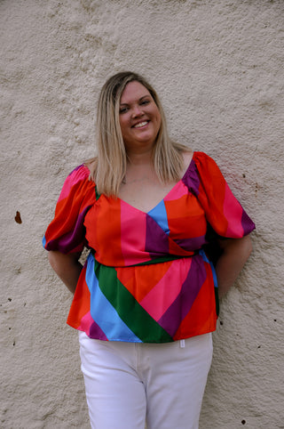 Rainbow Stripes Peplum Short Sleeve