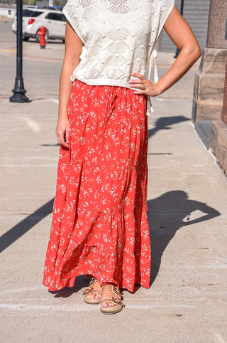 Red Floral Tiered Maxi Skirt