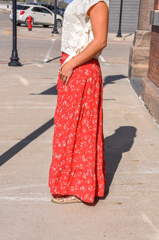 Red Floral Tiered Maxi Skirt