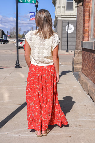 Red Floral Tiered Maxi Skirt