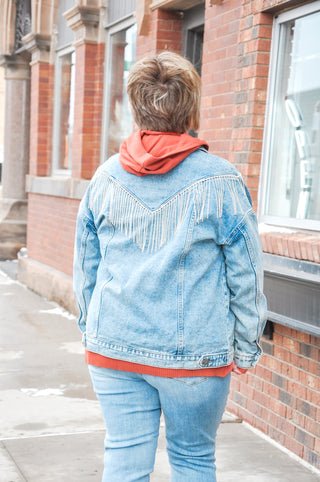 Rhinestone Shoulder Fringe Denim Jacket