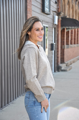 Ribbed Collar Knit Sweater in Beige-Cream