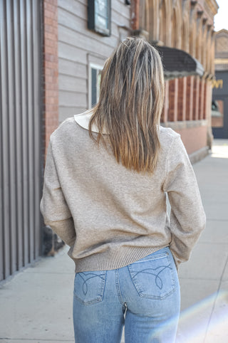 Ribbed Collar Knit Sweater in Beige-Cream