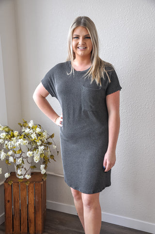 Ribbed Knit Charcoal T-Shirt Dress