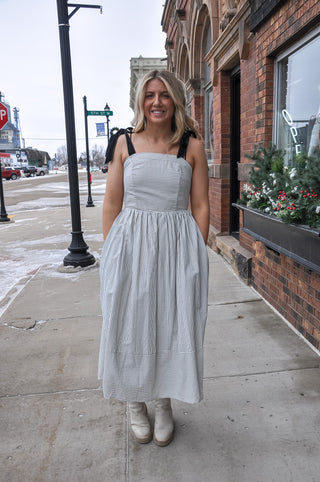 Ribbon Tied Sleeveless Striped Midi Dress