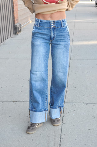 Risen HR Wide Leg Cuffed Hem Jeans
