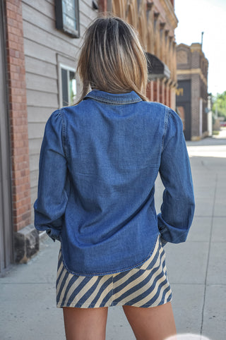 Risen Shirring Sleeve Relaxed Fit Denim Shirt
