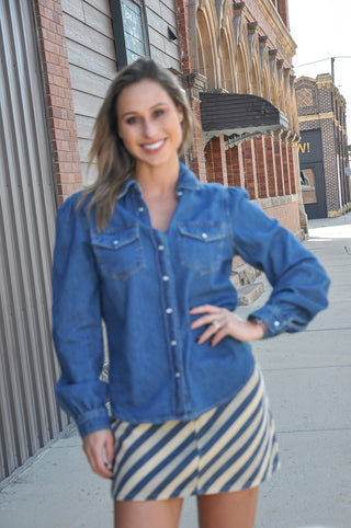 Risen Shirring Sleeve Relaxed Fit Denim Shirt