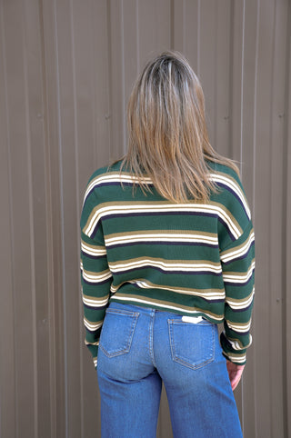 Roll Hem Buttons Detail Striped Cardigan