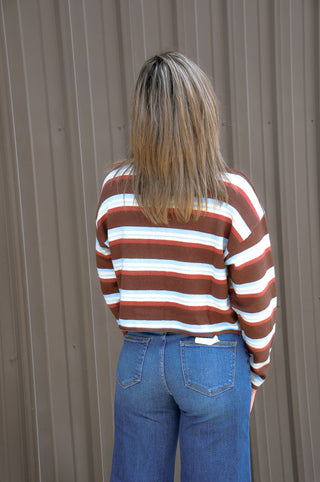 Roll Hem Buttons Detail Striped Cardigan
