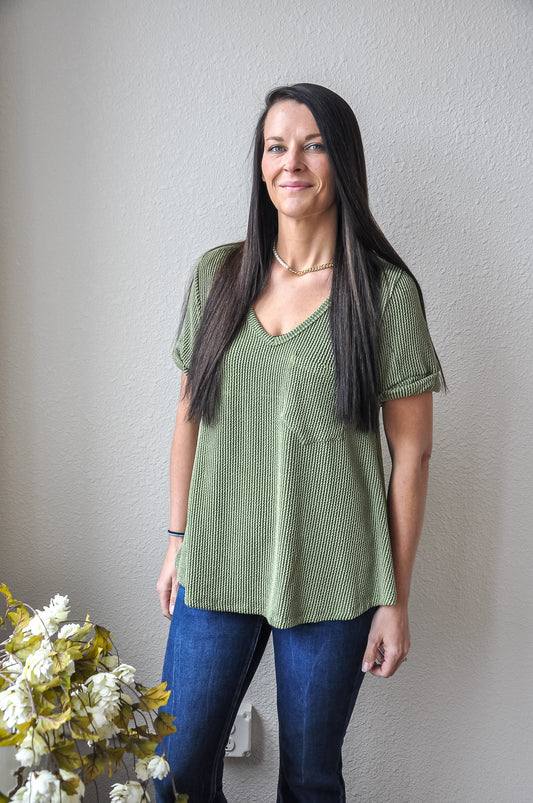 Rolled Sleeve V-Neck SS Top