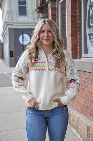 Rose Fair Isle Half Zip Sweater