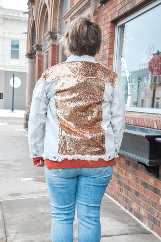 Rose Gold Sequin Shoulder Denim Jacket