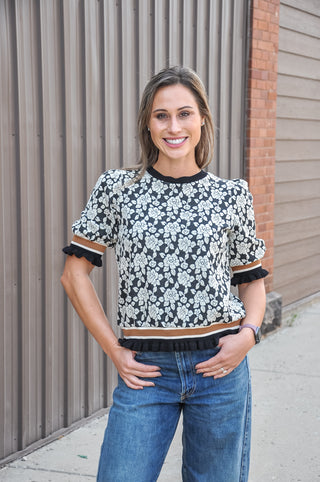 Rose Knit Top Contrast Banded Sleeve
