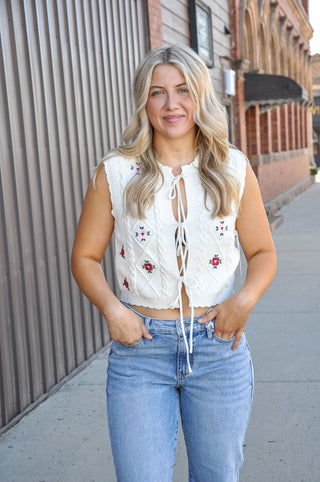 Rosette Tie-Front Floral Embroidered Vest