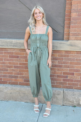 Ruched Elastic Front Zipper Jumpsuit