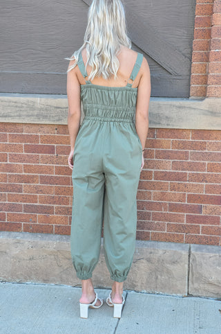 Ruched Elastic Front Zipper Jumpsuit