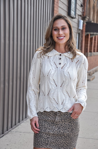 Ruffle Collar Cable Knit Sweater