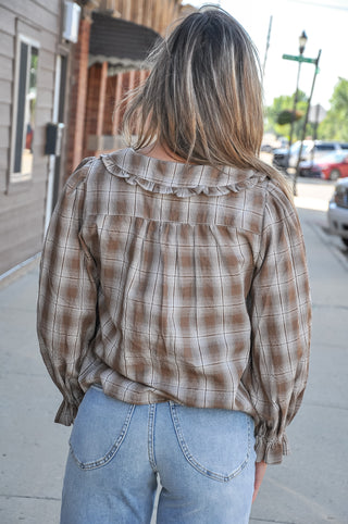 Ruffle Detail Button Down Plaid Top